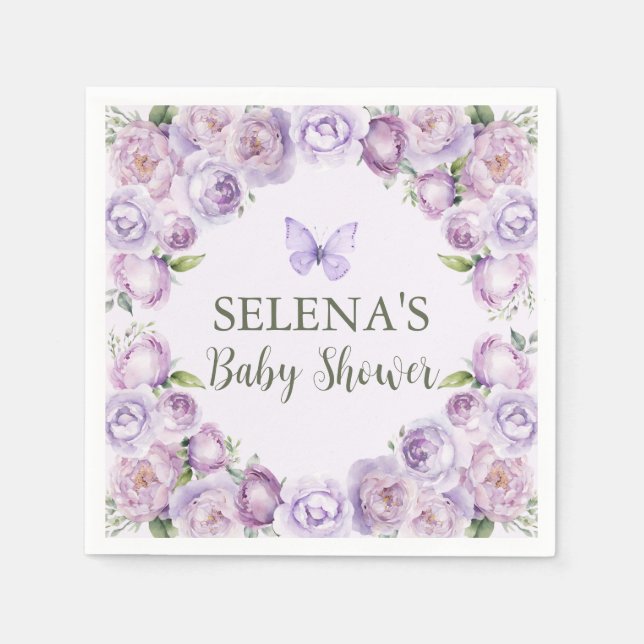 Elegant Purple Floral Butterfly Baby Shower Napkins (Front)