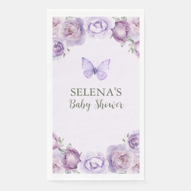 Elegant Purple Floral Butterfly Baby Shower Paper Guest Towels (Front)