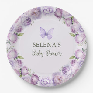 Elegant Purple Floral Butterfly Baby Shower Paper Plates