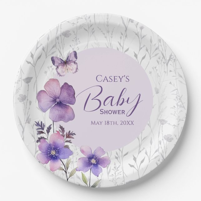 Elegant Purple Floral Butterfly Girl Baby Shower Paper Plates (Front)