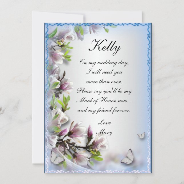 Elegant Purple Floral Butterfly Maid Of Honor Card (Front)