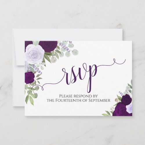 Elegant Purple Floral Calligraphy Wedding RSVP Card