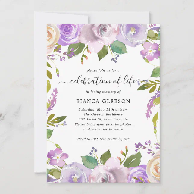 Elegant Purple Floral Celebration of Life Invitation | Zazzle