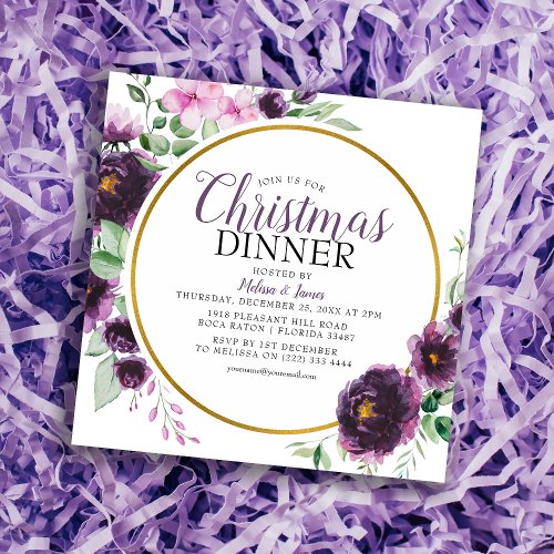 Elegant Purple Floral Christmas Holiday Invitation