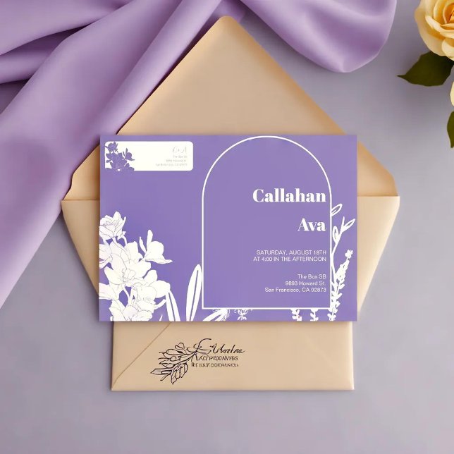 Elegant Purple Floral Couple Names & Label (Elegant Purple Floral Couple Names return adress label on a purple envelope )