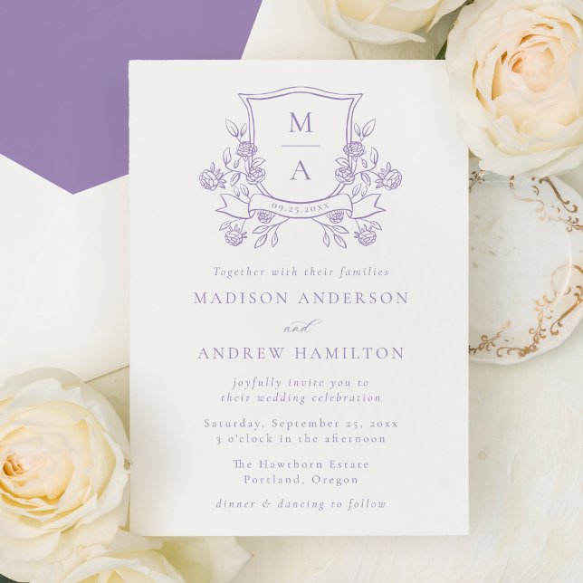 Elegant Purple Floral Crest Monogram Wedding Invitation (Creator Uploaded)