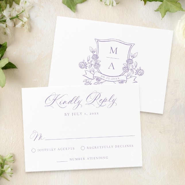 Elegant Purple Floral Crest Monogram Wedding RSVP Card (Creator Uploaded)