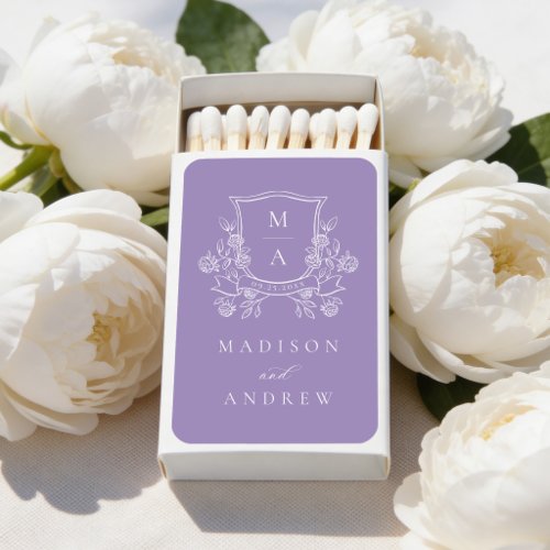 Elegant Purple Floral Crest Wedding Matchboxes