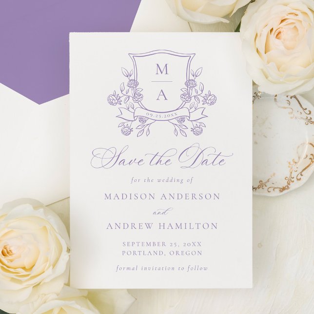 Elegant Purple Floral Crest Wedding Save The Date (Creator Uploaded)