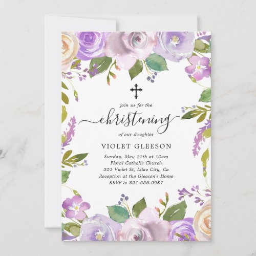 Elegant Purple Floral Cross Girl Christening Invitation