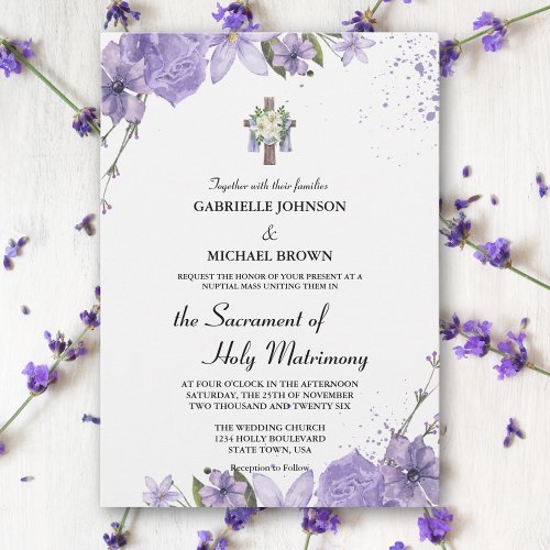 Elegant Purple Floral Cross White Nuptial Mass Invitation