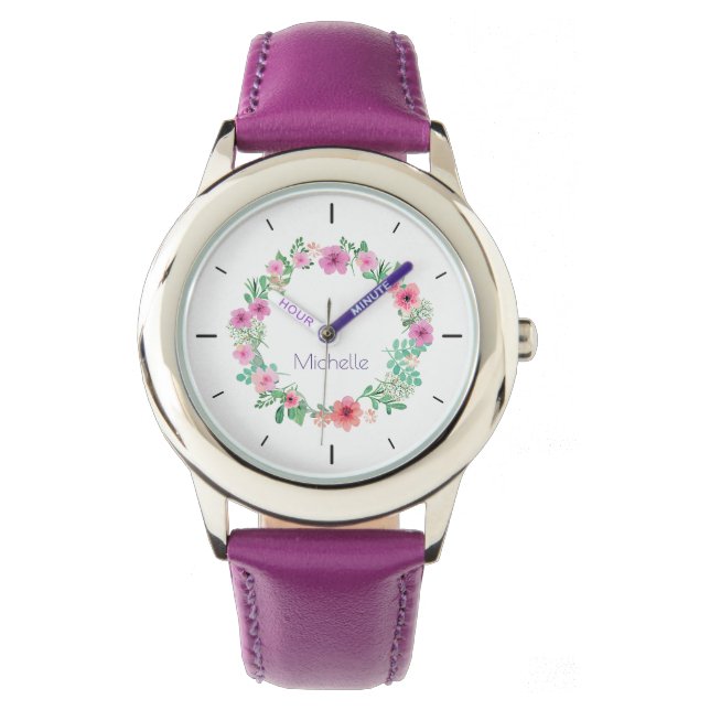 Elegant Purple Floral Custom Name Women's Watch (Front)