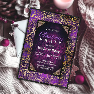 Elegant purple floral damask faux gold Christmas Invitation