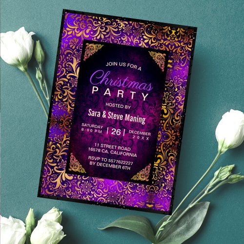 Elegant purple floral damask faux gold Christmas   Invitation