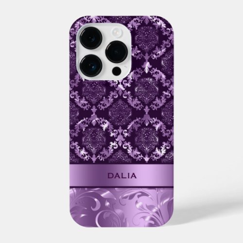 Elegant Purple Floral Damask Metallic Texture iPhone 14 Pro Case