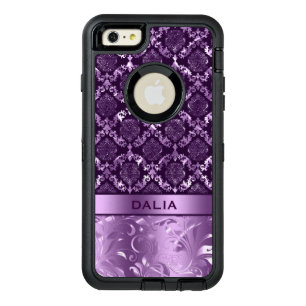 Elegant Purple Floral Damask Metallic Texture OtterBox Defender iPhone Case