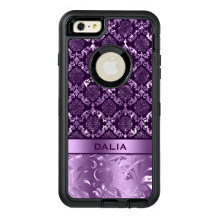 Elegant Purple Floral Damask Metallic Texture OtterBox Defender iPhone Case