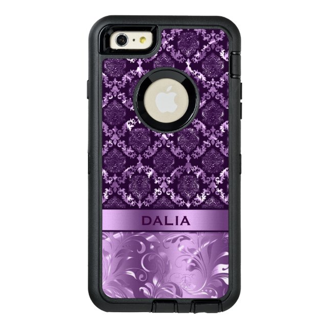 Elegant Purple Floral Damask Metallic Texture Otterbox iPhone Case (Back)