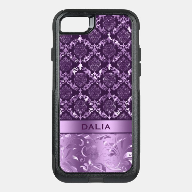 Elegant Purple Floral Damask Metallic Texture Otterbox iPhone Case (Back)