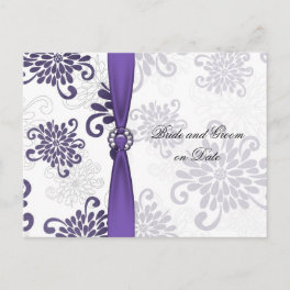 Elegant Purple Floral Damask Ribbon Save date card