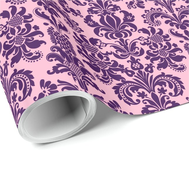 Elegant Purple Floral Damasks Pink Back Wrapping Paper (Roll Corner)