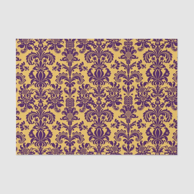 Elegant Purple Floral Damasks Yellow Background Tissue Paper (Front)