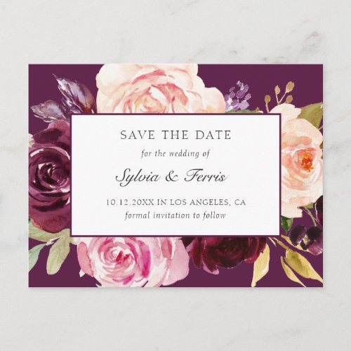 Elegant Purple Floral Fall Save the Date Announcement Postcard