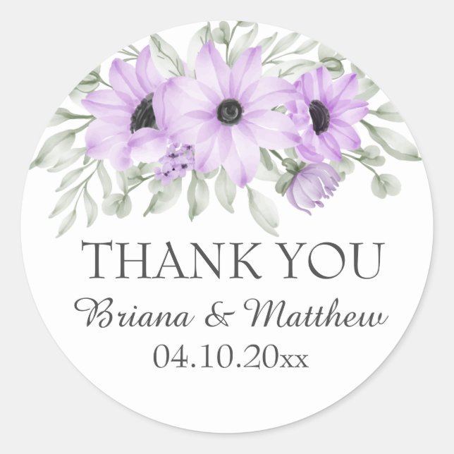 Elegant Purple Floral Favors Classic Round Sticker (Front)