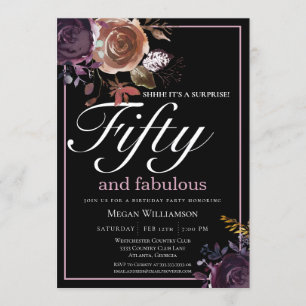 Elegant Purple Floral Fifty and Fabulous Birthday Invitation