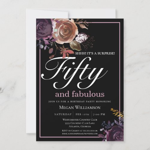 Elegant Purple  Floral Fifty and Fabulous Birthday Invitation