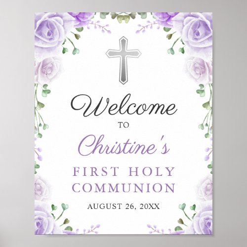 Elegant Purple Floral First Holy Communion Welcome Poster