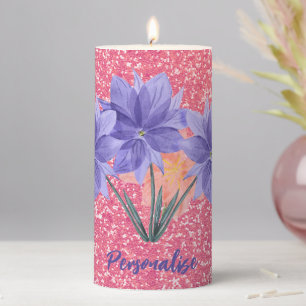 Elegant Purple Floral Flowers Pink Glitter Pillar Candle