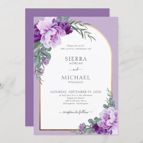 Elegant Purple Floral Foliage Gold Arch Wedding Invitation