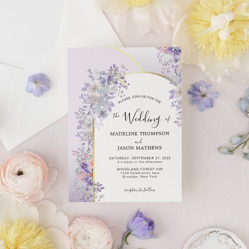 Elegant Purple Floral Foliage Gold Arch Wedding Invitation