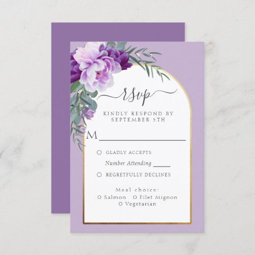 Elegant Purple Floral Foliage Gold Arch Wedding RSVP Card