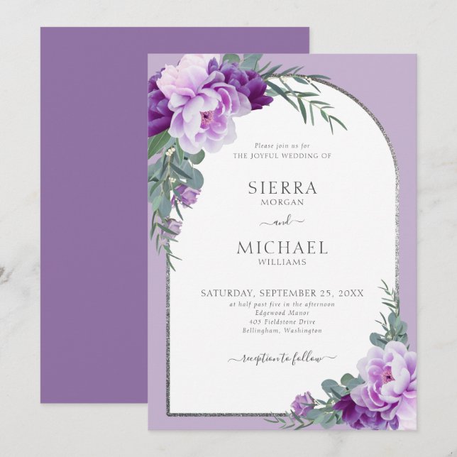 Elegant Purple Floral Foliage Silver Arch Wedding Invitation (Front/Back)
