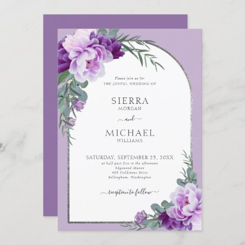 Elegant Purple Floral Foliage Silver Arch Wedding Invitation
