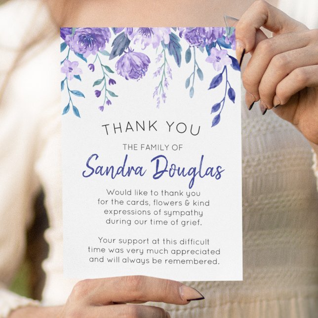 Elegant Purple Floral Funeral Memorial Thank You Card (Creator Uploaded)