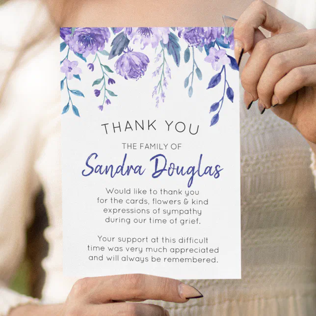 Elegant Purple Floral Funeral Memorial Thank You Card | Zazzle