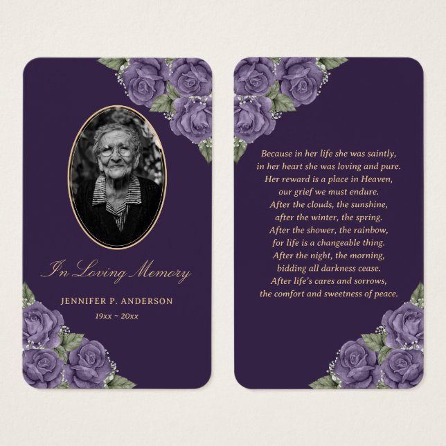 Elegant Purple Floral Funeral Prayer Card (Front & Back)