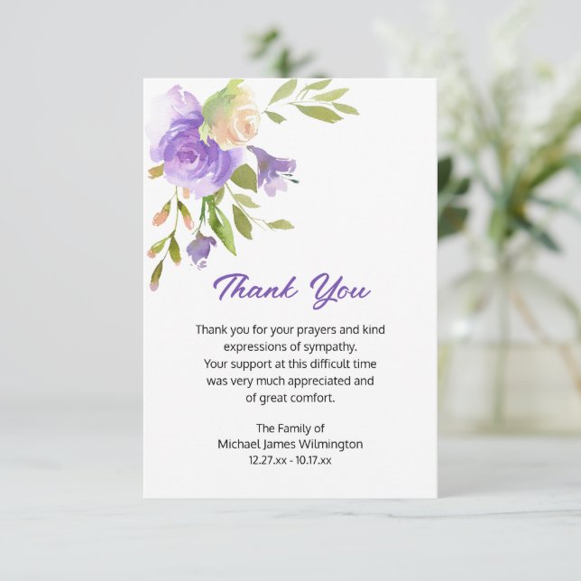 Elegant Purple Floral Funeral Thank You (Standing Front)