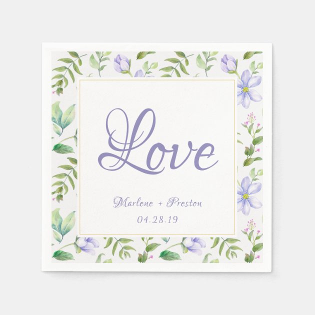 Elegant Purple Floral Garden Love Script Wedding Paper Napkin
