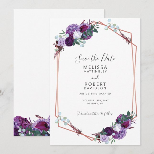 Elegant Purple Floral Geometric Script Save The Date (Front/Back)