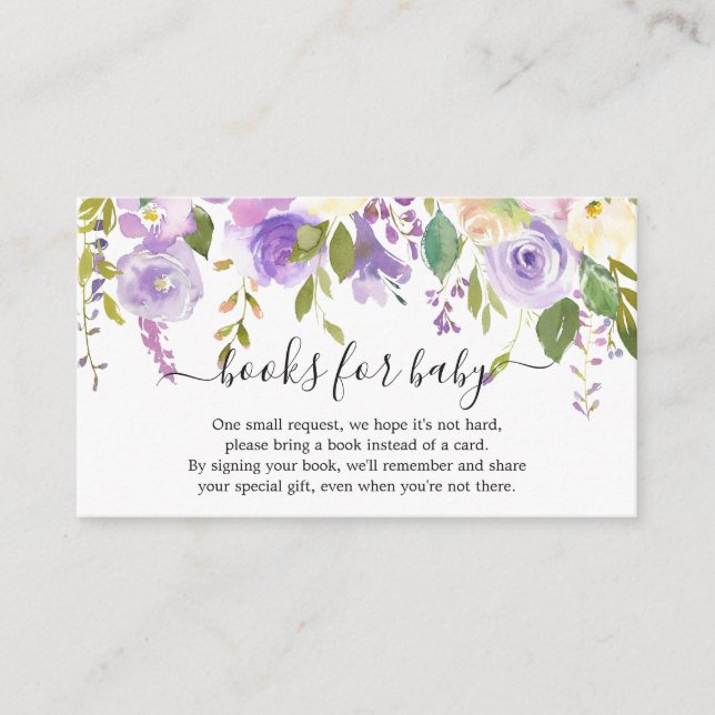 Elegant Purple Floral Girl Books for Baby Shower Enclosure Card (Front)