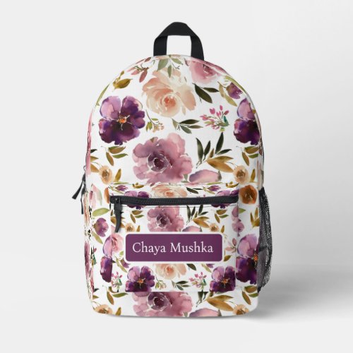 Elegant Purple Floral Girly Childs Name Backpack