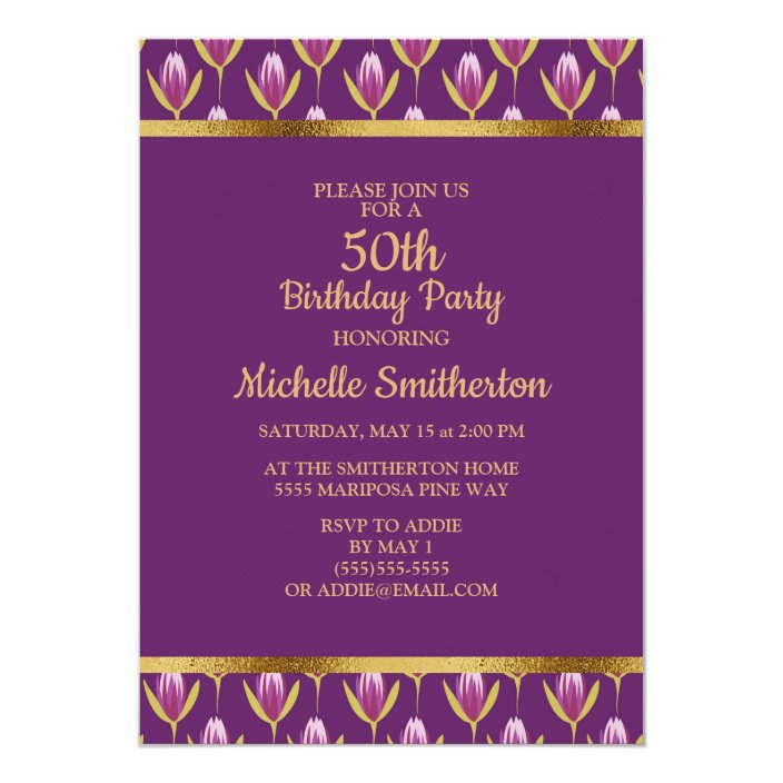 Elegant Purple Floral Gold 50th Birthday Party Invitation | Zazzle.com