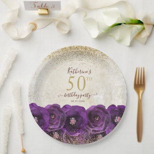 Elegant Purple Floral Gold 50th Birthday Party Paper Plates