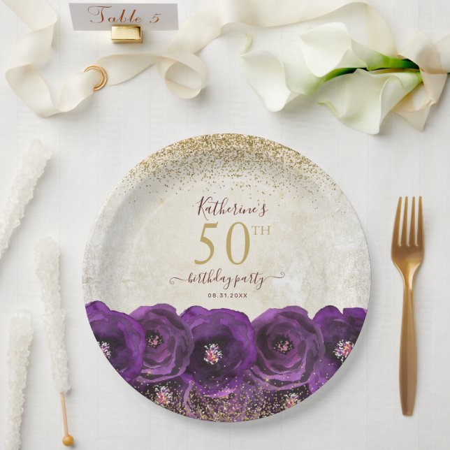Elegant Purple Floral Gold 50th Birthday Party Paper Plates (Wedding)