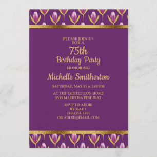 Elegant Purple Floral Gold 75th Birthday Party Invitation