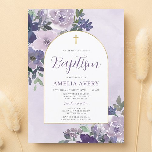 Elegant Purple Floral Gold Arch Girl Baptism Invitation